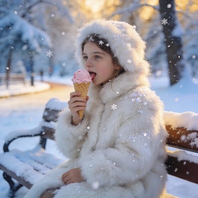 Girl Eating Pink Ice Cream in Snow
