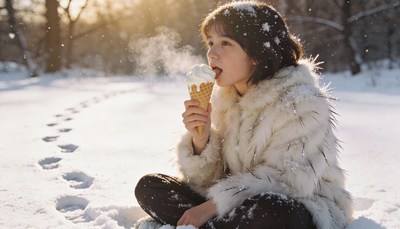 Asian girl eating ice cream in snow