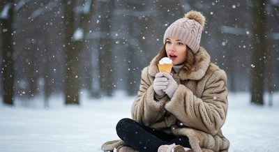 Woman eating ice cream in snowy winter