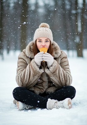 Woman eating waffle in snowy forest