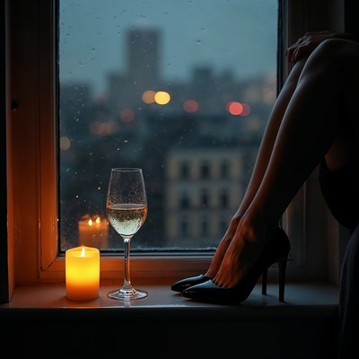 Woman's legs by window with champagne