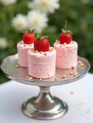 Pink strawberry cupcakes on silver stand