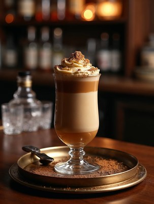 Tall layered coffee drink with whipped cream