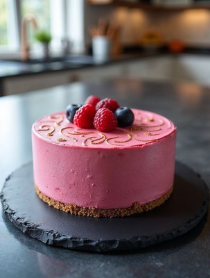 Pink raspberry cake on slate