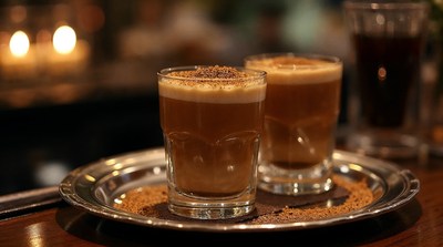 Two Cinnamon Cappuccinos on Silver Tray