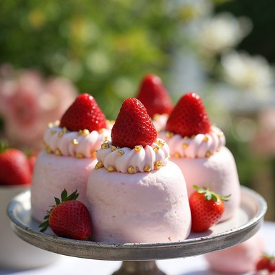 Pink strawberry topped cupcakes on stand
