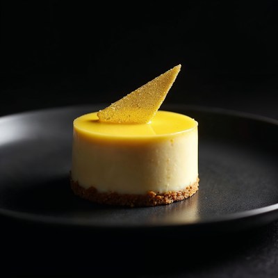 Yellow Lemon Cheesecake on Black Plate