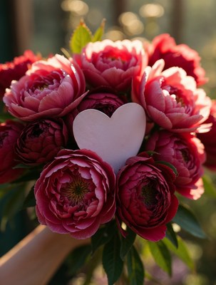 Red Peonies Bouquet with Heart and Hand