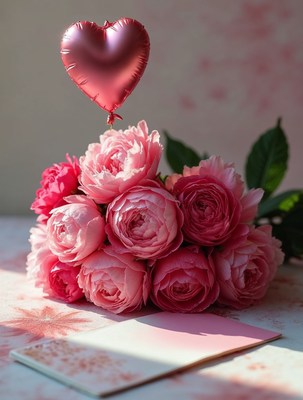 Pink Roses with Heart Balloon