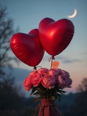 Red Heart Balloons with Roses and Moon