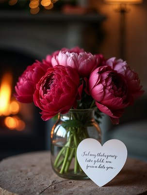 Pink peonies in jar by fireplace