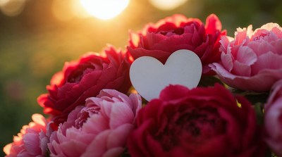 Red Peonies with White Heart Tag