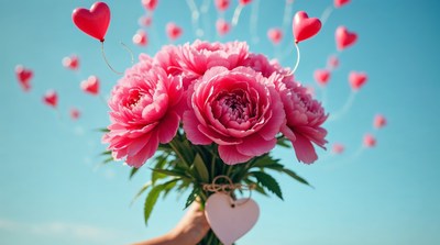 Pink Peonies Bouquet with Hearts