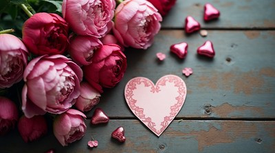 Pink peonies with hearts on wood