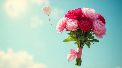 Pink peonies bouquet with heart balloon