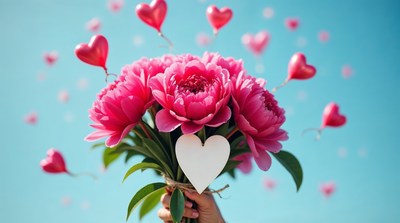 Hand holding pink peonies with hearts