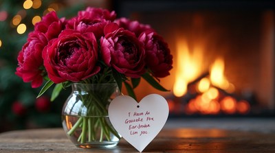 Red Peonies with Gratitude Note by Fireplace