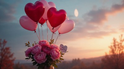 Pink roses bouquet with red heart balloons