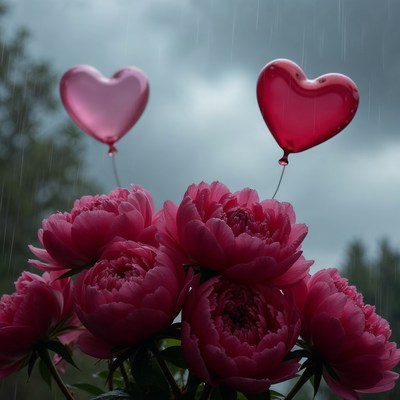 Pink peonies with heart balloons in rain