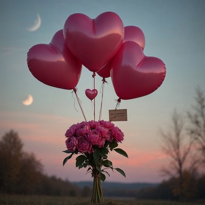 Pink Heart Balloons Bouquet Sunset