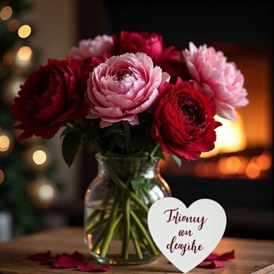 Pink and Red Peonies by Fireplace
