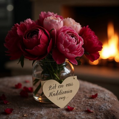 Pink Peonies in Jar by Fireplace
