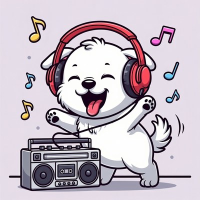 Cute white puppy dancing with headphones
