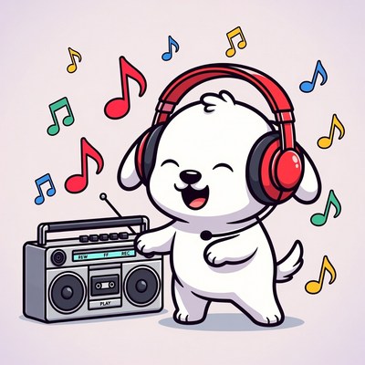 White dog dancing with headphones and boombox