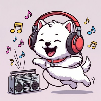 Cartoon white puppy dancing with headphones