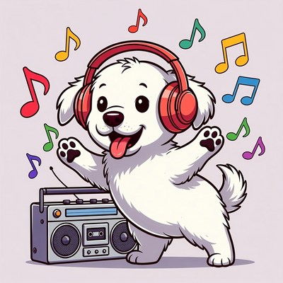 White puppy dancing with headphones