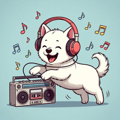 White puppy dancing with headphones and boombox