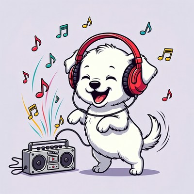 White puppy dancing with headphones