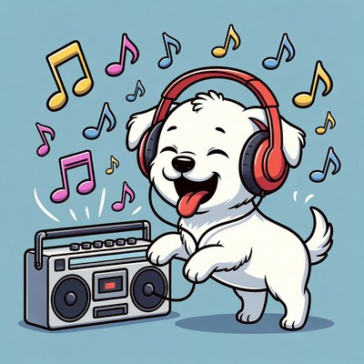 Cartoon white dog dancing with boombox