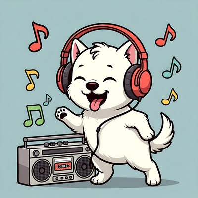 White puppy dancing with headphones