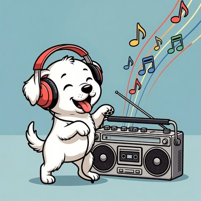 Cartoon white dog DJ with headphones
