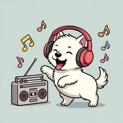 Cute white puppy dancing with headphones
