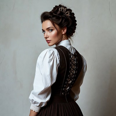 Woman in laced corset dress from behind