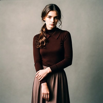 Woman in brown turtleneck and skirt