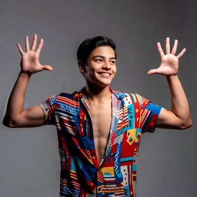 Young man spreading hands smiling