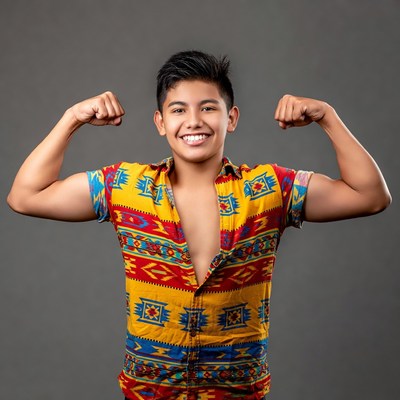 Young Latino boy flexing muscles