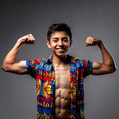 Young Asian man flexing muscles