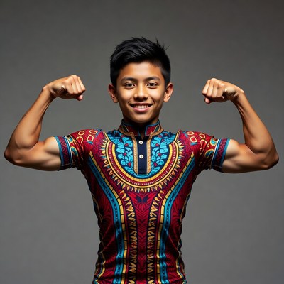 Young Asian boy flexing muscles