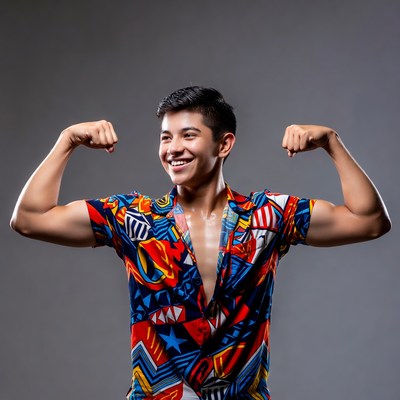 Asian man flexing muscles in Hawaiian shirt