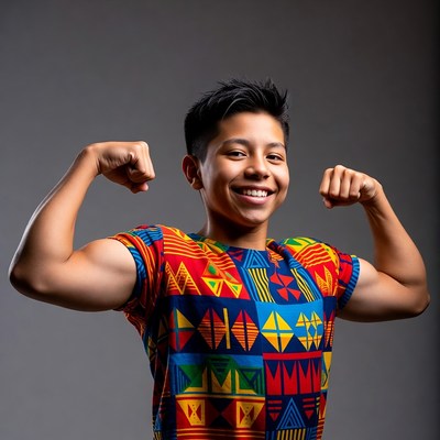 Young Latino boy flexing muscles