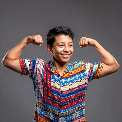 Boy flexing muscles in colorful shirt