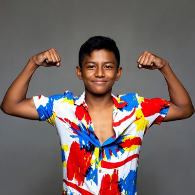 Boy flexing muscles in colorful shirt