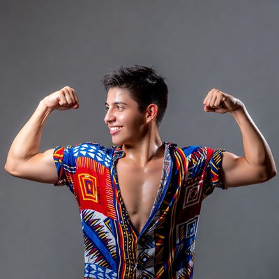Young man flexing muscles in shirt