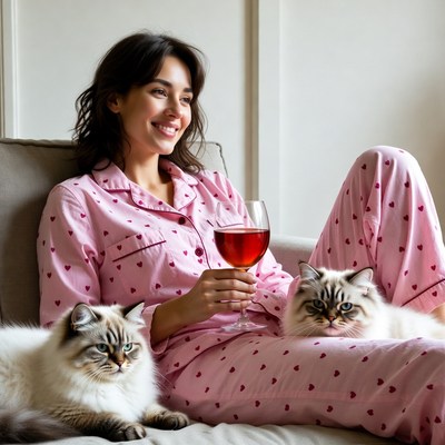 Woman in pink pajamas with cats