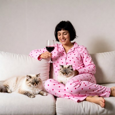 Woman in pink pajamas with cats