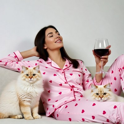 Woman in pink pajamas with cats holding wine